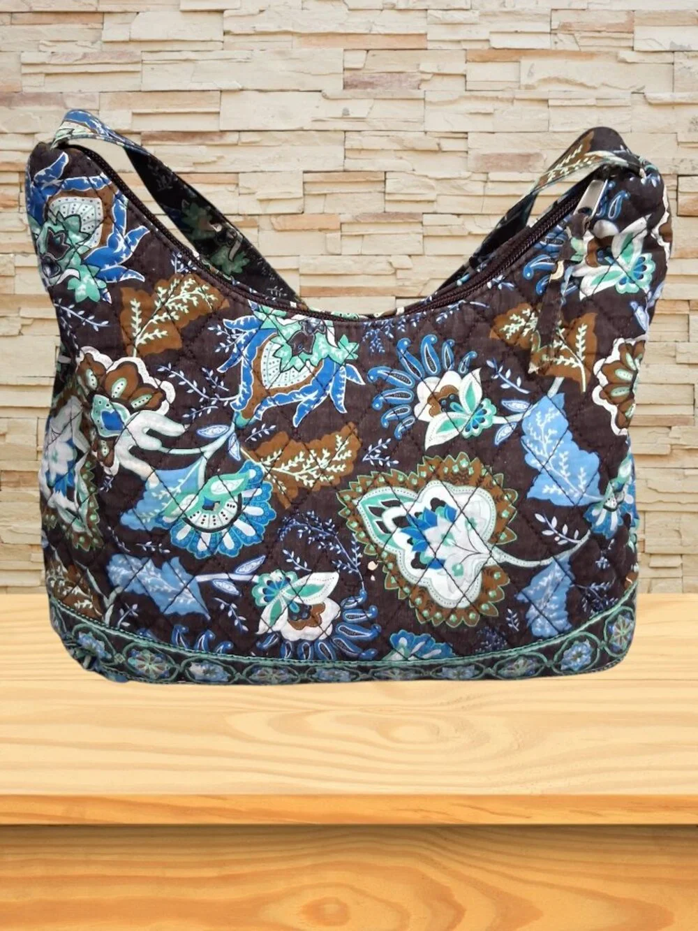 Blue & Brown Floral Quilted Handbag Purse – Classic Print, Good Condition